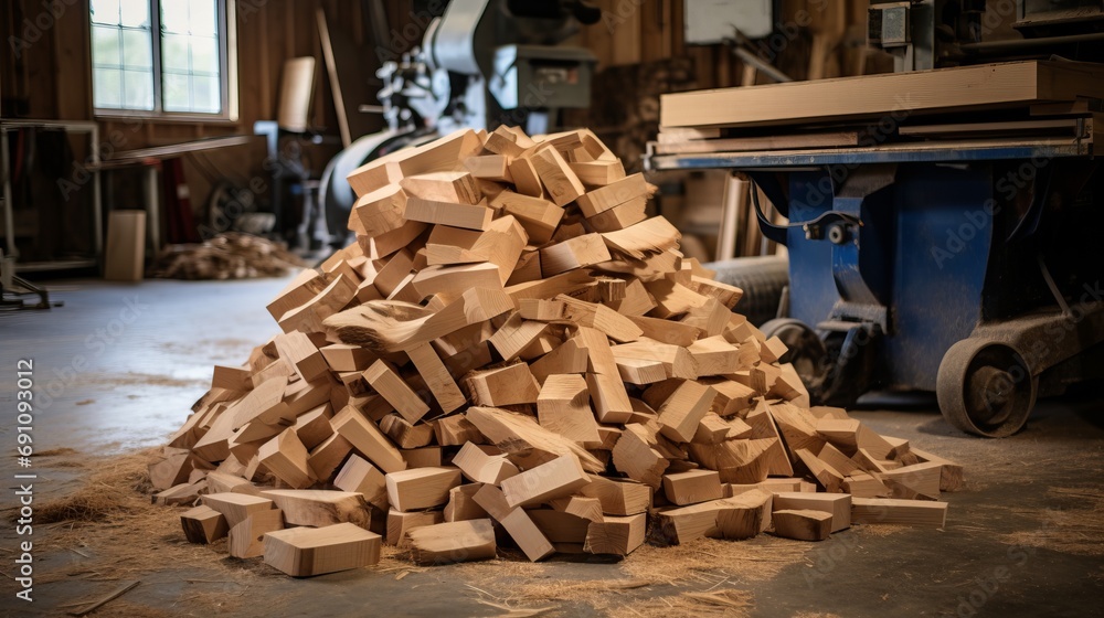 A large pile of wooden offcuts in a sunny carpentry workshop with machinery in the background. A large pile of wooden offcuts in a sunny carpentry workshop with machinery in the background.