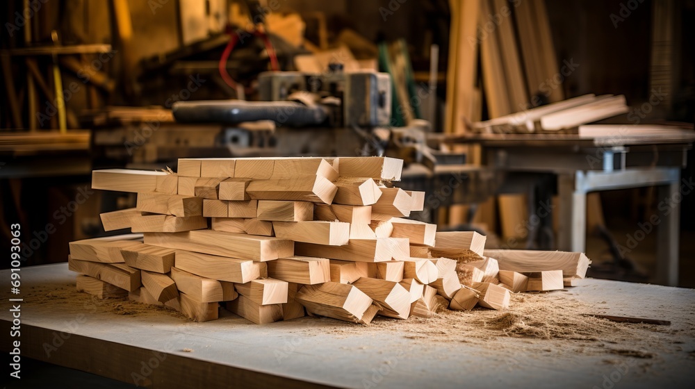 A stack of freshly planed wooden planks on a workbench in a woodworking shop. A stack of freshly planed wooden planks on a workbench in a woodworking shop.