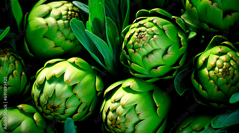 a group of fresh artichokes, just picked from an organic garden. close-up shot from above a group of fresh artichokes, just picked from an organic garden. close-up shot from above