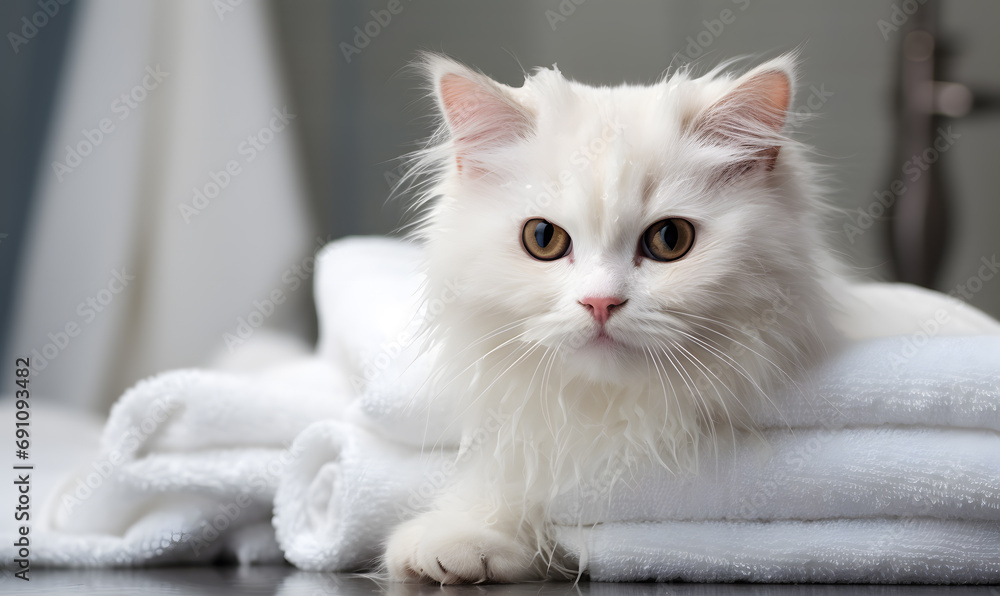Obraz premium a cute white cat soft fur with a towel blanket after bathing