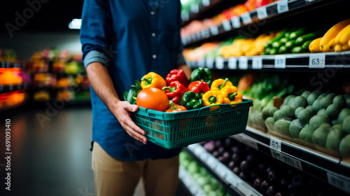 young man carrying a shopping basket full of various vegetables, standing along the food aisle at the supermarket, shopping for daily food needs, detail. AI generated