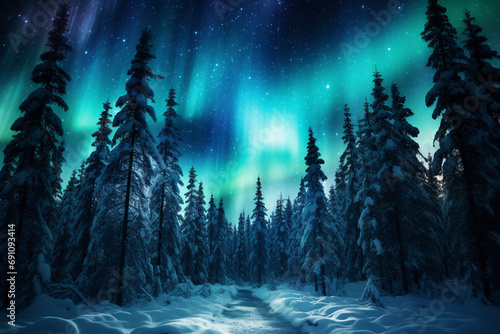 Night scene of a snow-covered pine forest and northern lights