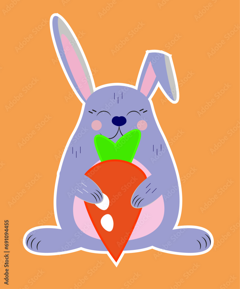 Fototapeta premium Cute rabbit holding a carrot flat vector sticker
