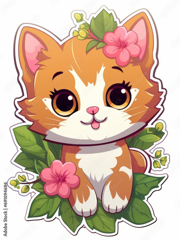 Cartoon sticker cute kitten with flowers, AI Cartoon sticker cute kitten with flowers, AI