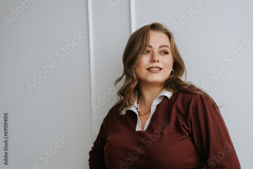 Vintage-style plus-size woman portrait with earrings old many