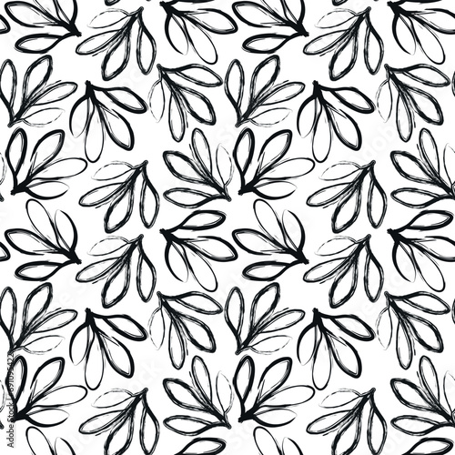 Hand drawn black brush outline plants seamless pattern. Monochrome botanical design vector illustration. 