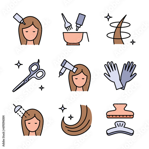 Hairdresser service color icons set. Professional hair styling. Beauty industry
