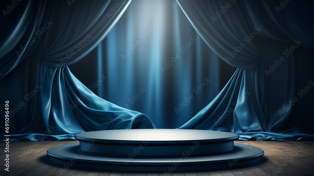 Luxurious 3D stage on a blue backdrop with a fabric drapery and focused lighting.