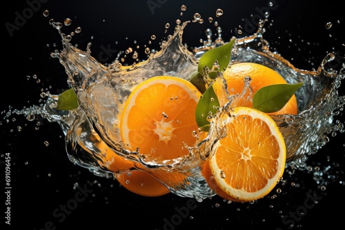 orange with leaf in water splash isolated on black background.
