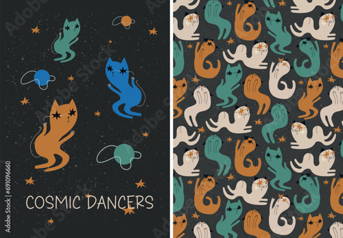 Funny dancing cats in space. Set of printable kids vector design.
