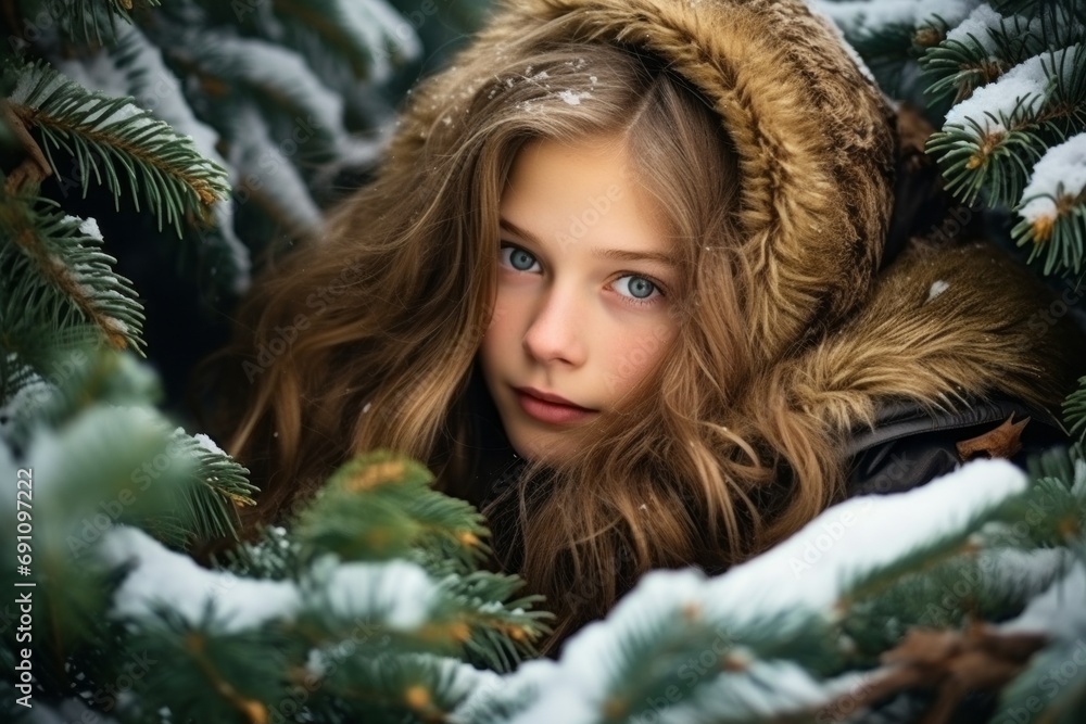 A Young Girl Hiding Behind a Tree in a Cozy Fur Coat A Young Girl Hiding Behind a Tree in a Cozy Fur Coat
