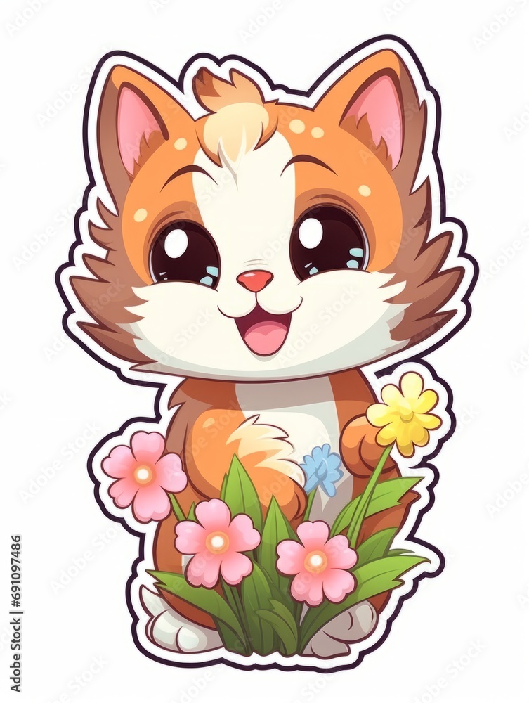 Cartoon sticker cute kitten with flowers, AI Cartoon sticker cute kitten with flowers, AI