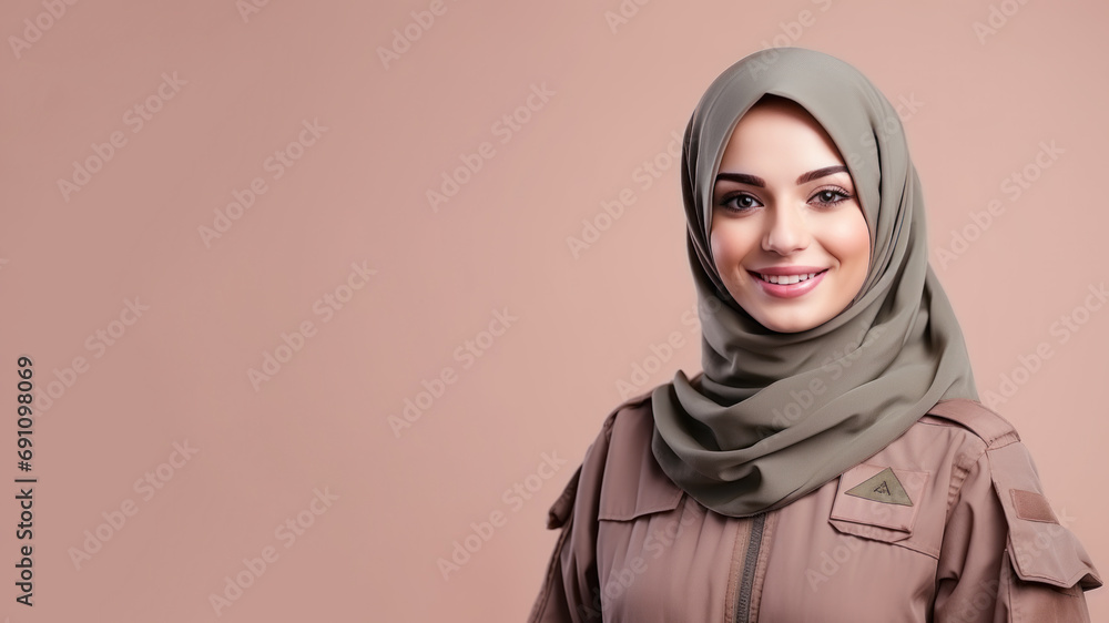 Hijab woman in air force uniform smile isolated on pastel background Hijab woman in air force uniform smile isolated on pastel background