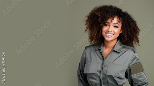 African woman in Air Force uniform smile isolated on pastel background