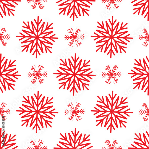 Vector hand drawn Christmas monochrome seamless pattern with red snowflakes on transparent background