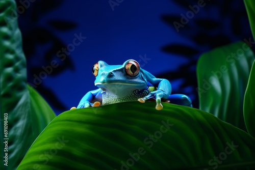 a green forest frog in a leaf on a beautiful blue background - conceptual installation art