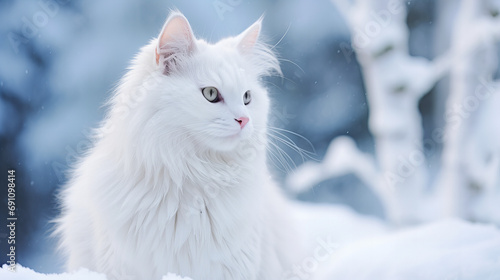 white shaggy cute cat in the snow
