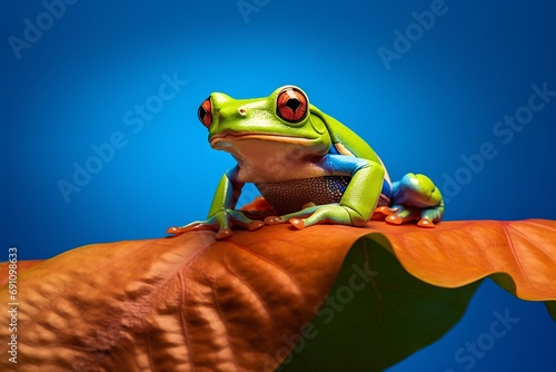 a green forest frog in a leaf on a beautiful blue background - conceptual installation art