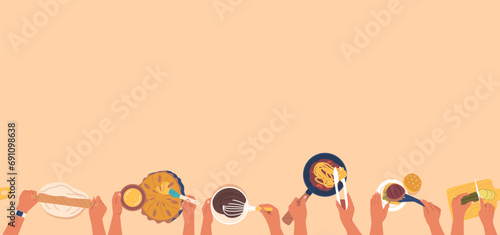 Seamless Pattern Features Hands Engaged In Cooking Activities, Such As Chopping, Stirring, And Other Culinary Tasks
