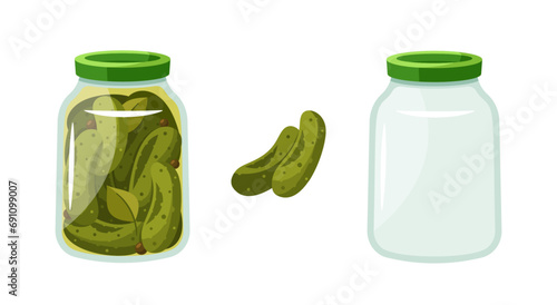 Transparent Glass Jars Showcase Vibrant, Pickled Cucumbers, Their Verdant Hues Preserved In Brine, Vector Illustration