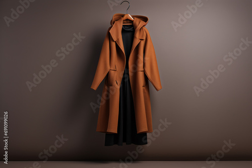 A long, chestnut overcoat and a black jacket hung upon a sweater in mocha hue. photo