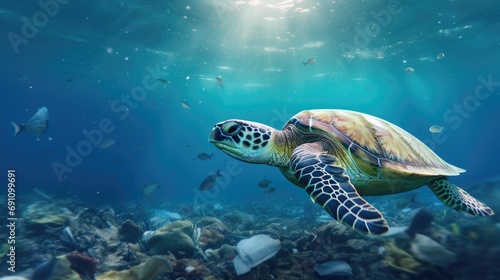 Sea turtle gliding over ocean bed littered with plastic, a stark reminder of marine pollution's impact on wildlife.