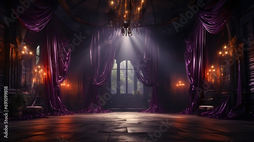 elegant old-fashioned stage with high ceilings and purple curtains