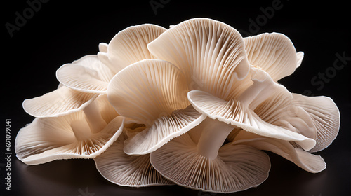 Isolated oyster fungi on an ebony backdrop.