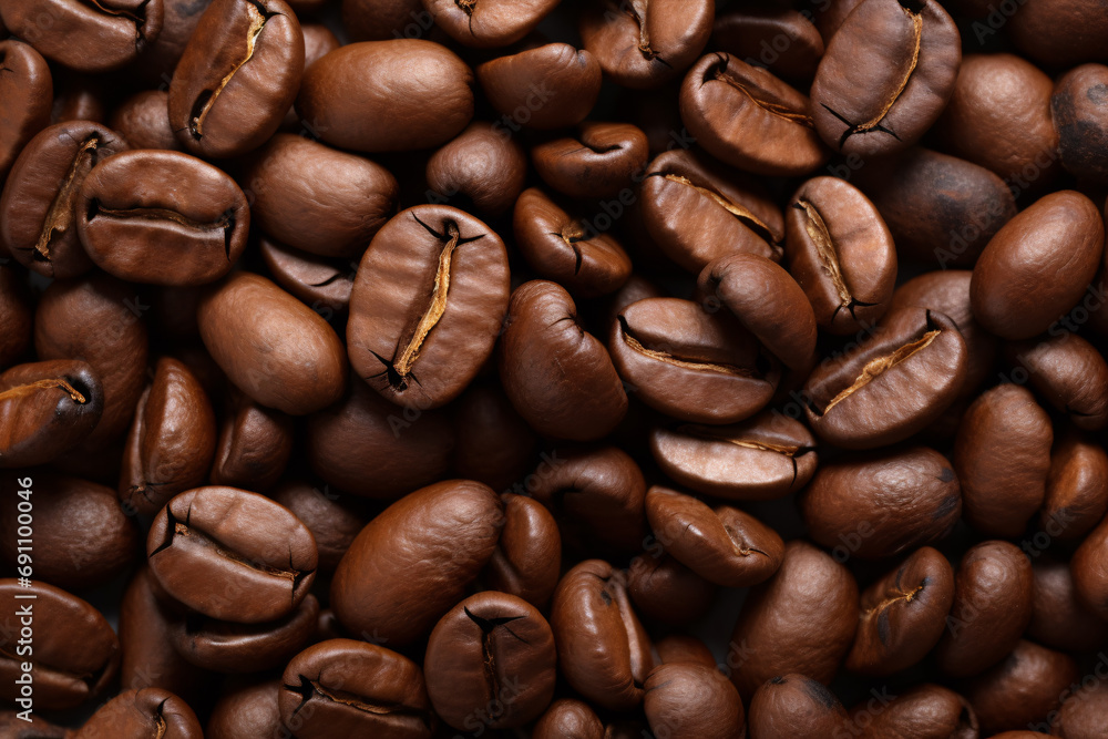 Fototapeta premium Close-up of freshly-roasted coffee beans in the foreground..Sumptuous shot of roasted coffee beans in the foreground..A sublime image of roasted coffee beans.