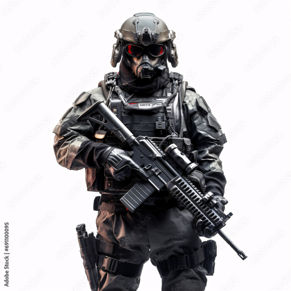 Isolated future soldier from special forces on a white backdrop, depicting a military concept. Isolated future soldier from special forces on a white backdrop, depicting a military concept.