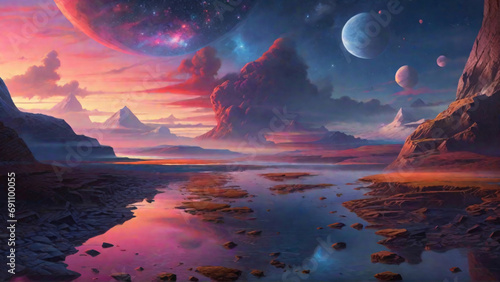 Fantasy alien planet. Mountain and lake. imagination illustration.