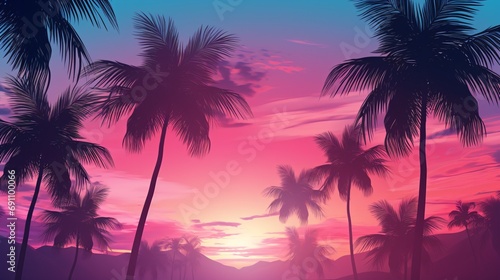 Palm trees silhouetted against a gradient sunset, with a vaporwave aesthetic and 3D rendering. © ckybe