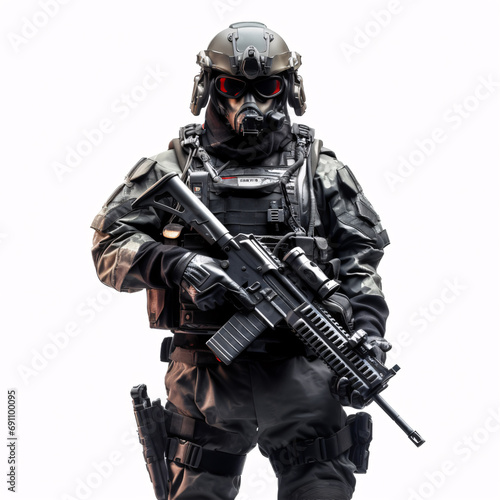 Isolated future soldier from special forces on a white backdrop, depicting a military concept.
