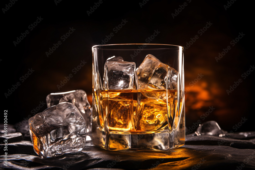 A close-up of a glass containing ice cubes and whisky. A close-up of a glass containing ice cubes and whisky.