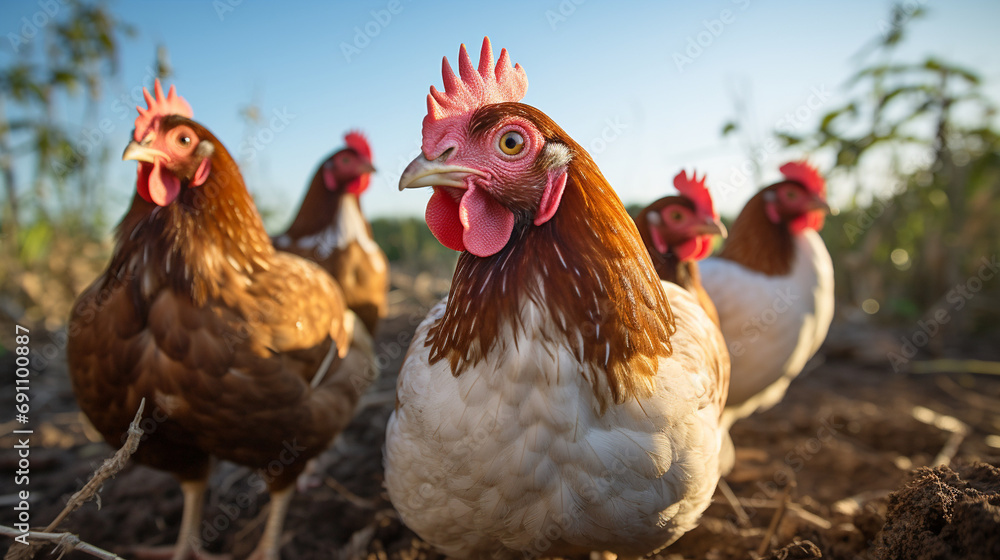 A picturesque scene of a group of hens engaged in their natural behavior of laying eggs, the rural setting and the simple beauty of the moment captured in stunning detail.
