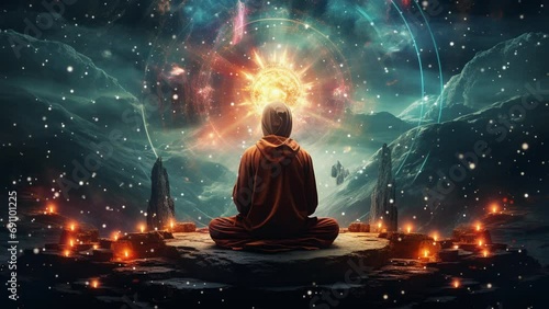 Person meditating in yoga pose with magic animated background photo