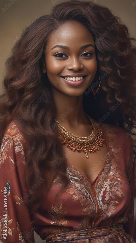 Portrait of a beautiful young black african nigerian model woman smiling with white teeth 