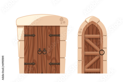 Arched and Rectangular Medieval Doors With Iron Knobs And Weathered Wood. Imposing Castle Doorways, Vector Illustration