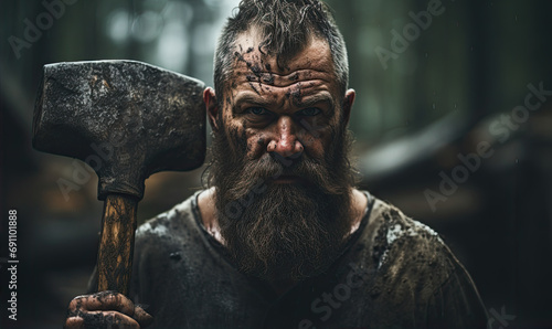 Portrait of viking style lumberjack with beard holding some axe in the amazing forest photo