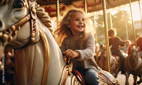 Happy smiling kid is enjoying ride a horse on carousel.