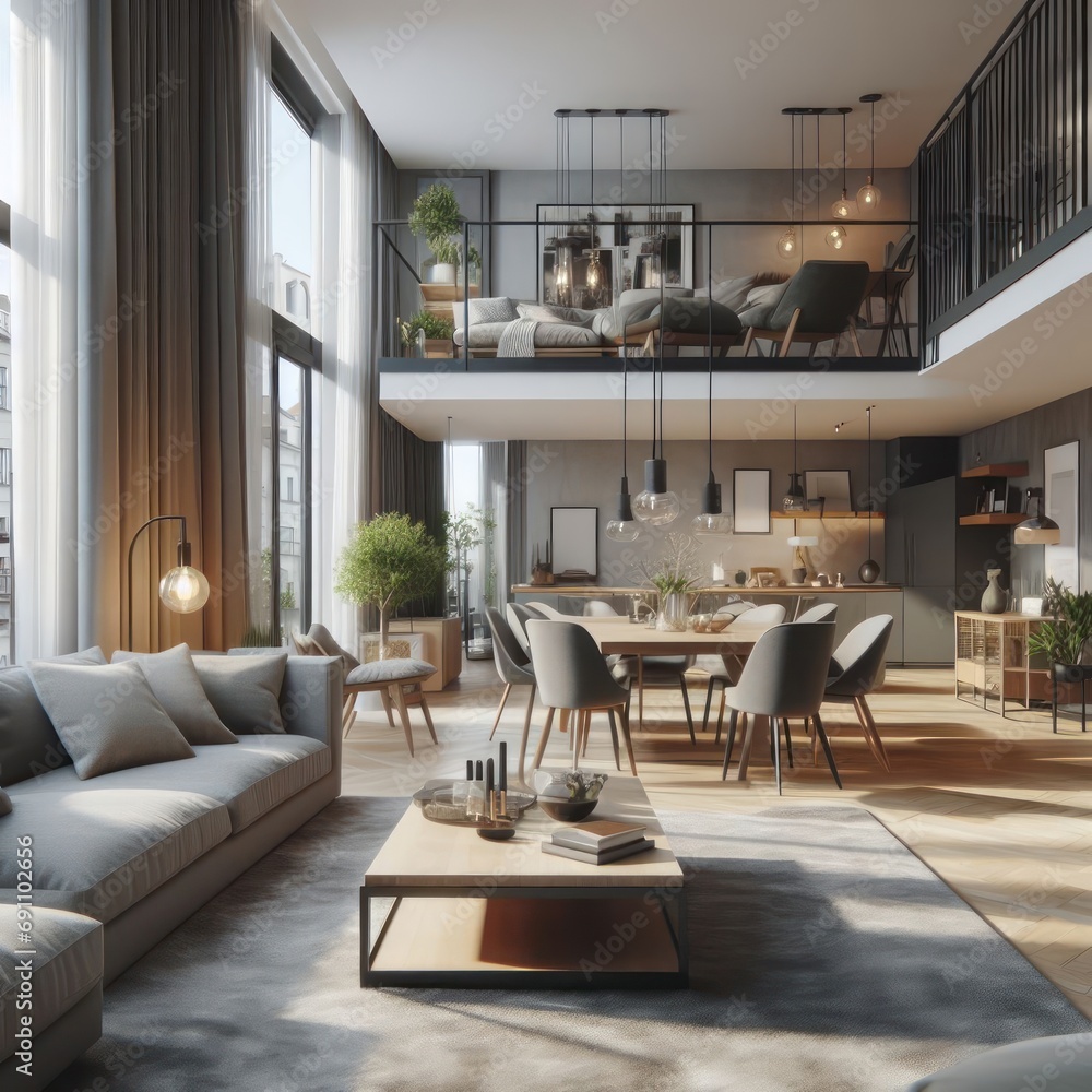 Two-floor apartment with stylish living room with grey sofa and wooden coffee table open to dining area with table for four Two-floor apartment with stylish living room with grey sofa and wooden coffee table open to dining area with table for four