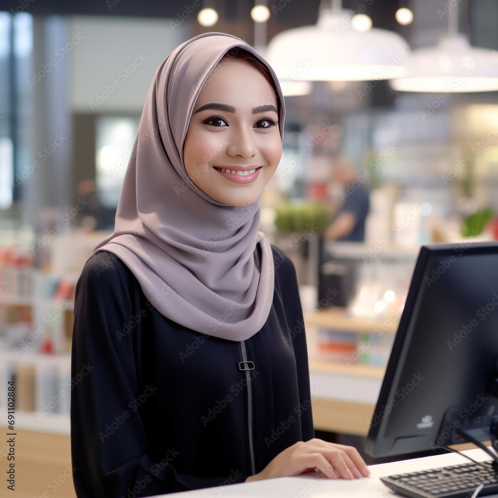 Young female cashier in hijab at super market Young female cashier in hijab at super market