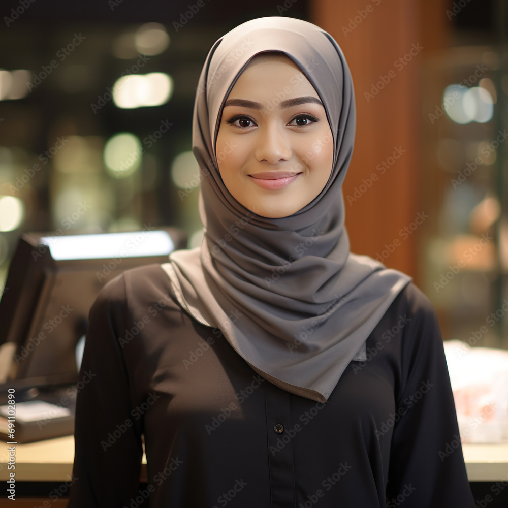 Young female cashier in hijab at super market Young female cashier in hijab at super market