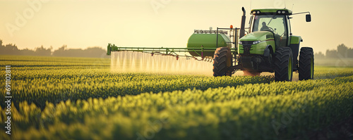The tractor sprays the crops in the amzing field photo