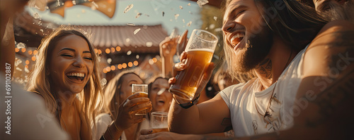 Happy young people drinking beer and having fun on amazing festival