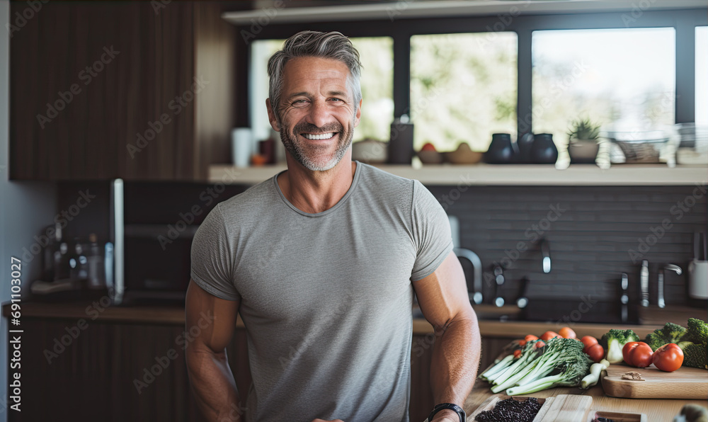 Healthy looking man in the kitchen is preparing healthy food from fresh vegetables. Healthy lifestyle concept Healthy looking man in the kitchen is preparing healthy food from fresh vegetables. Healthy lifestyle concept