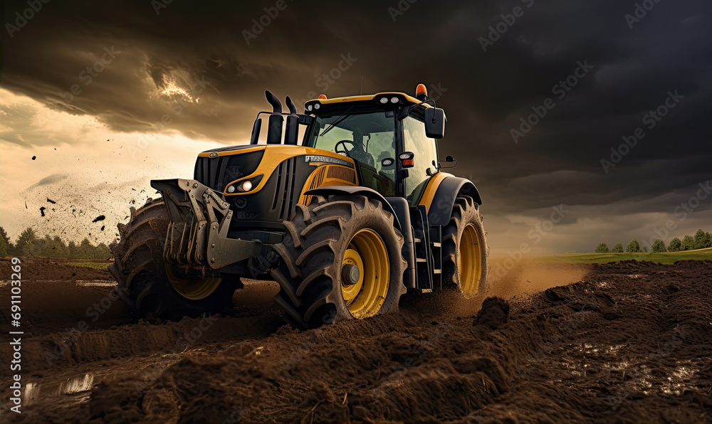 Obraz premium The tractor works the soil in the field with amazing background