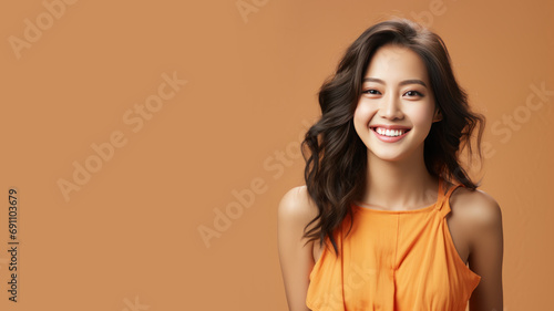 Asian woman model wear a orange sundress isolated on pastel background © Aris