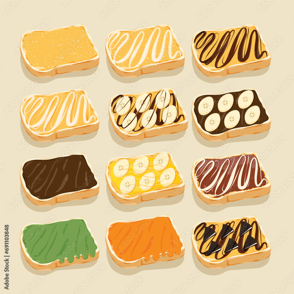 Illustrations of toast, various pages. Set of toast images.
Illustrations of toast, various pages. Set of toast images.
