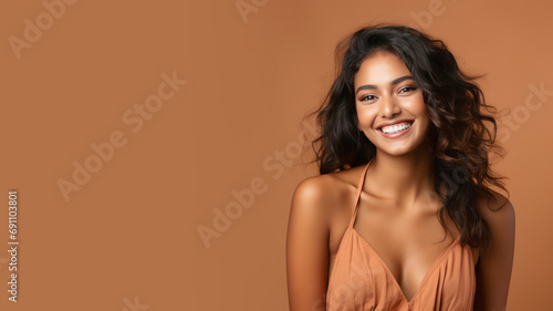 Indian woman model wear brown sundress isolated on pastel background